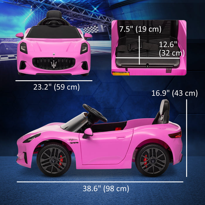 Qaba Voiture Electrique 12v Pour Enfant, Maserati Gran Turismo Sous Licence, Voiture Pour Enfants Alimentee Par Batterie Avec Telecommande, Lumieres Led, Musique, Klaxon, Mp3, Rose