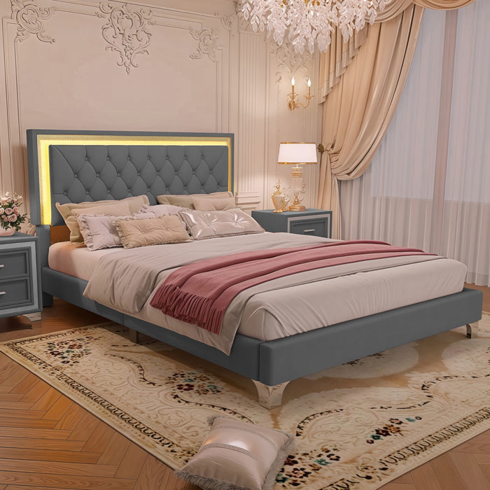 Cadre De Lit Sophia Tapisse Avec Eclairage Led Et Tete De Lit Capitonnee En Velours, Taille Queen, Gris