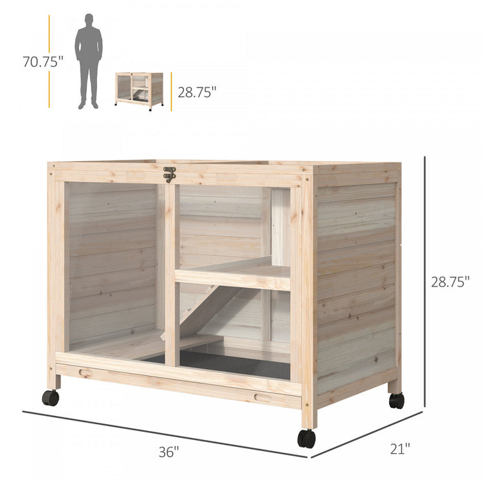 Pawhut Clapier En Bois Massif Pour Lapin Cage Pour Cochon D'inde Interieur Resistant A L'eau Petits Animaux Habitat Maison Avec Rampe Tiroir Plateau Roues Pivotantes A 360°, Bois Naturel