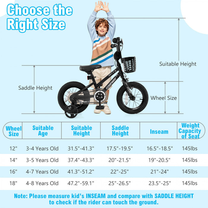 Costway 14\" Velo Pour Enfants Avec Roues D'entrainement Guidon Reglable Et Frein A Main De Siege Argent