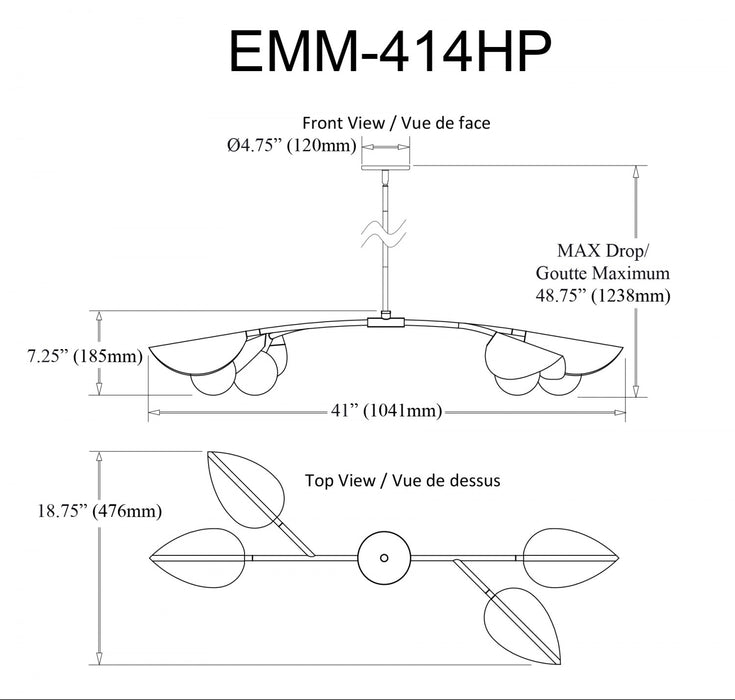 Luminaire suspendu horizontal Emma de Dainolite en verre blanc, avec fini laiton vieilli et 4 ampoules