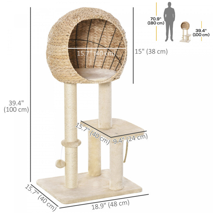 Arbre A Chat Pawhut De 99 Cm De Haut, Tour A Chat A Plusieurs Niveaux Avec Griffoir En Sisal, Niche, Perchoir En Peluche, Corde Et Balle Suspendues, Beige