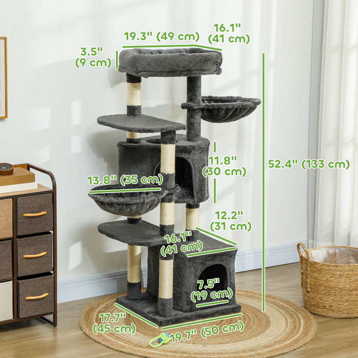 Pawhut Arbre A Chat De 52.5\", Tour Pour Chats D'interieur Avec Griffoirs, Condos Pour Chats, Lit, Plates-formes, Hamacs, Centre D'activites Pour Chat, Gris Fonce