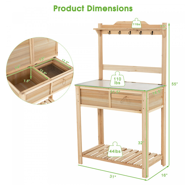 Station De Travail En Bois De Table En Bois De Jardin En Plein Air Costway W/metal Top Open Shelf