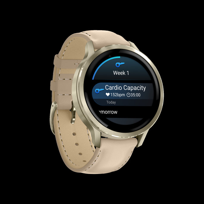 Montre intelligente Garmin Venu 4 41 mm en cuir dore premium - Suivi de style de vie, application ECG, alarme de reveil intelligente, rapport du soir, profils de triathlon, mode fauteuil roulant