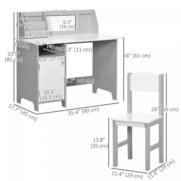 Qaba Ensemble De Bureau Pour Enfants Avec Chaise Et Tableau Blanc Pour Dessiner Et Ecrire, Bureau Pour Enfants, Table De Devoirs Avec Armoire De Rangement, Ensemble Table Et Chaises Pour Enfants