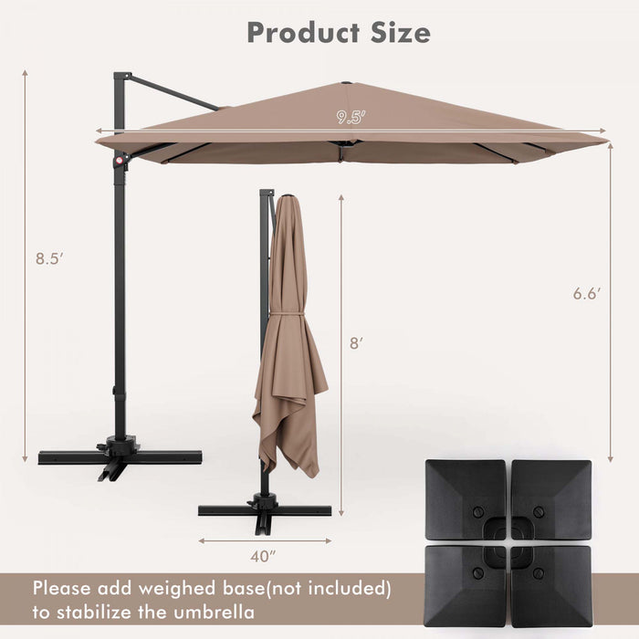 Costway Parasol suspendu carre cantilever 9,5FT avec 2 niveaux, rotation 360° pour patio exterieur couleur cafe