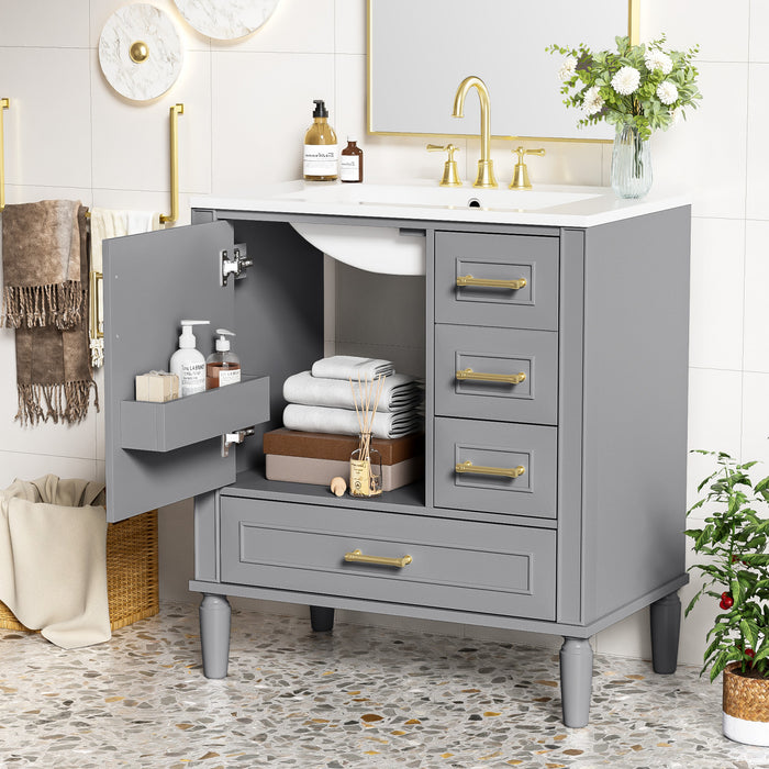 Emerson Meuble de salle de bain 30 pouces avec vasque en ceramique et trois tiroirs, Gris