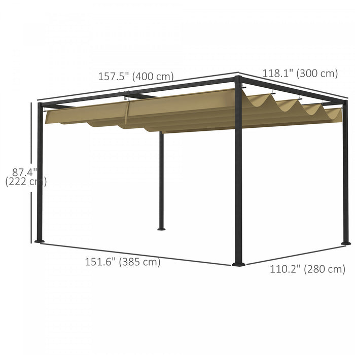Pergola De Patio Outsunny 13' X 10' Avec Auvent Retractable, Kaki