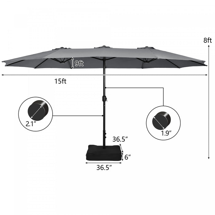 Costway Parasol double face 15FT a manivelle avec base pour marche exterieur Gris