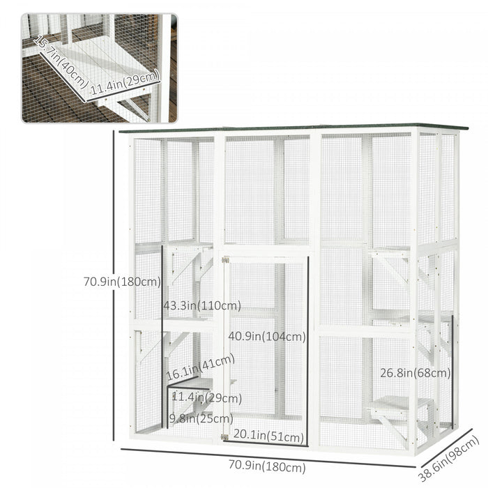 Pawhut Maison Pour Chat D'exterieur En Bois Avec Grand Interieur Spacieux, 6 Rebords Hauts, Toit En Asphalte De Protection Contre Les Intemperies, 71\" L, Blanc