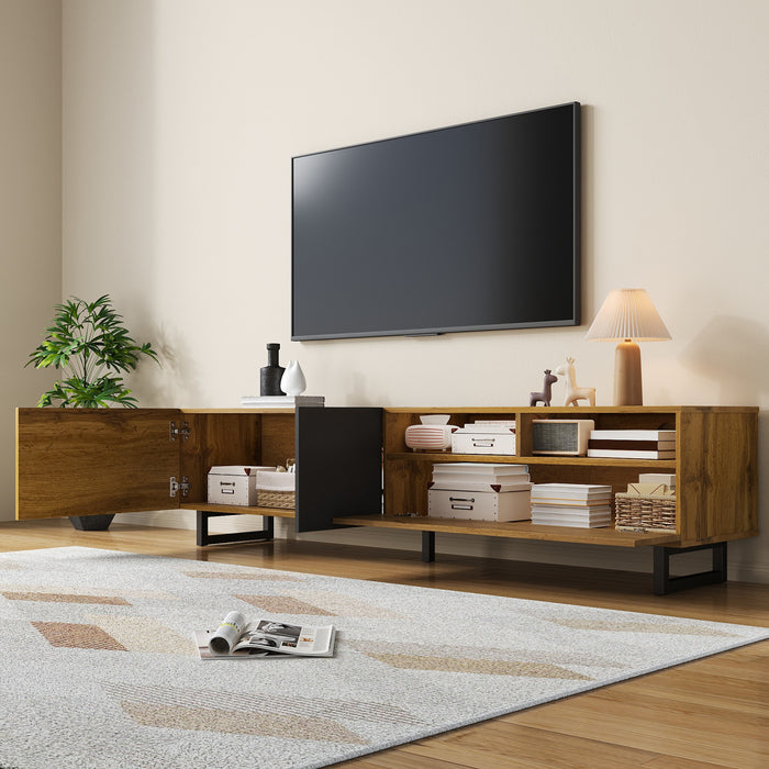 Meuble Tv Moderne Dominic Avec Pieds Metalliques En U, 3 Portes Et 2 Compartiments, Noir/bois Naturel