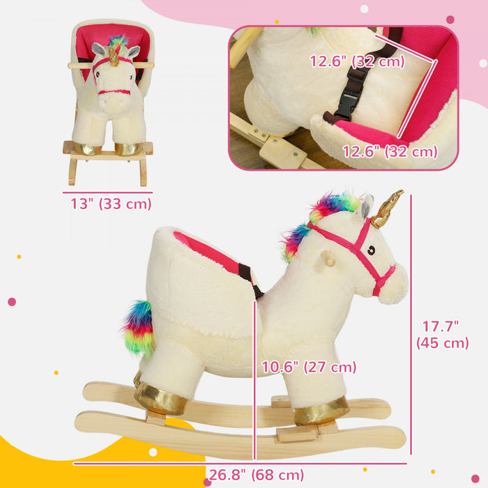 Qaba Cheval A Bascule, Cheval A Bascule Pour Enfants, Licorne Avec Son, Ceinture De Securite, Base En Bois, Animaux En Peluche Pour Enfants De 18 A 36 Mois, Blanc Creme