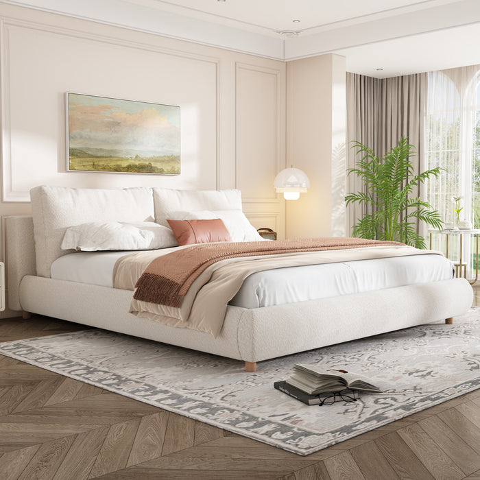 Lit Ava Rembourre en Tissu Boucle, Taille King - Beige Clair