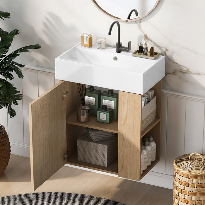 Camille Meuble de salle de bain flottant avec vasque en ceramique et rangement cote droit, Naturel