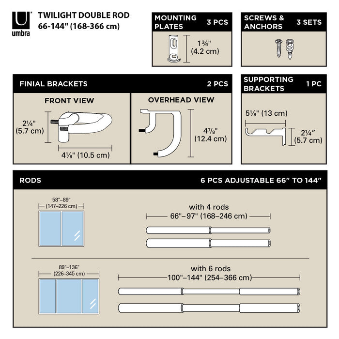  Tringle à rideaux coupe-lumière extensible double Twilight de Umbra noir mat de 3/4 po - 66 po à 144 po