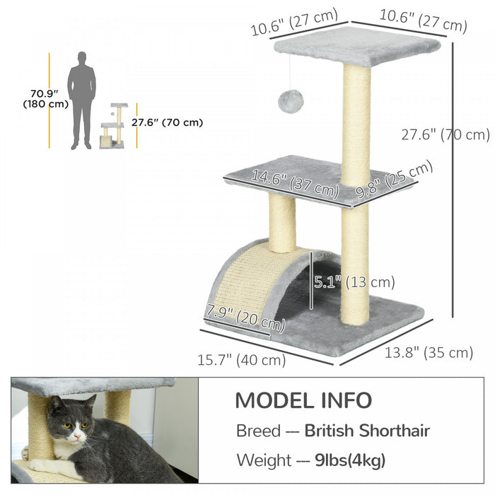 Pawhut Tour D'arbre A Chat Pour Chats D'interieur, Centre D'activites D'escalade De 72 Cm Avec Griffoir En Sisal, Coussin, Perchoir En Arc, Boule Suspendue, Jouet – Gris Clair