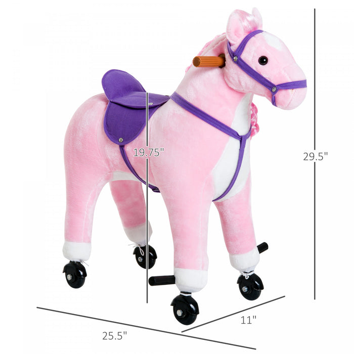 Poney De Marche Pour Enfants Qaba Cheval A Bascule Peluche Sonore Hennissement Du Cheval Avec Roue Cadeau Enfant 110lb Capacite De Poids Rose