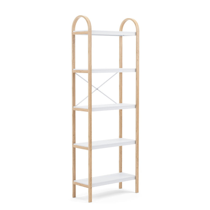 Bibliothèque moderne Bellwood de Umbra à 5 tablettes - blanche et naturelle
