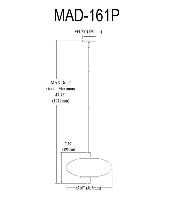 Luminaire suspendu Maddie de Dainolite en verre blanc opale, avec fini laiton vieilli et ampoule à DEL de 20 W
