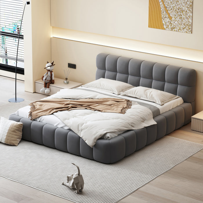 Lit plateforme rembourre Jessica avec tissu en lin confortable et cadre robuste, taille Queen, gris