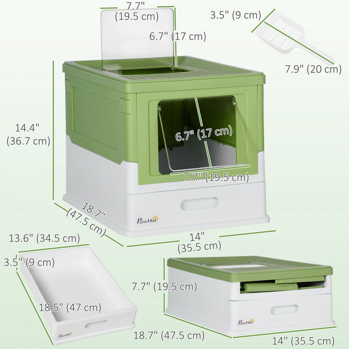 Pawhut Bac A Litiere Pour Chat Entierement Ferme Avec Pelle, Litiere Avec Plateau De Type Tiroir, Pot Pliable Anti-odeur Avec Entree Avant, Sortie Superieure, Toilettes Portables Pour Chat, Vert Jaunatre