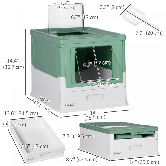 Pawhut Bac A Litiere Pour Chat Entierement Ferme Avec Pelle, Litiere Avec Plateau De Type Tiroir, Pot Pliable Anti-odeur Avec Entree Avant, Sortie Superieure, Toilettes Portables Pour Chat, Vert