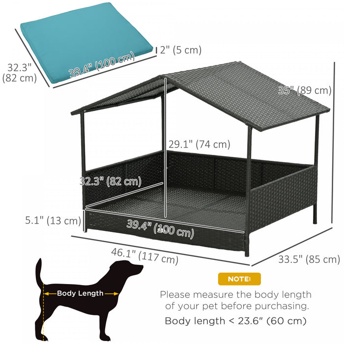 Pawhut Niche D'exterieur En Rotin Pour Chien Avec Auvent D'ombrage, Lit Sureleve En Osier Avec Coussin Doux Et Housse Lavable, Pour Chiens De Taille Moyenne Et Grande, Interieur Et Exterieur, Bleu
