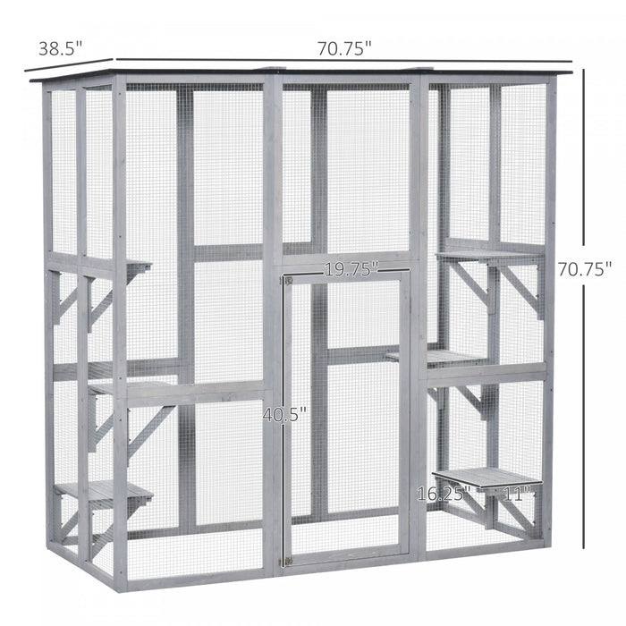 Pawhut Grand Enclos Exterieur Pour Chat, Terrasse En Bois Pour Chat Avec 6 Plates-formes Equilibrees Et Toit En Asphalte, 180 X 99 X 180 Cm, Gris