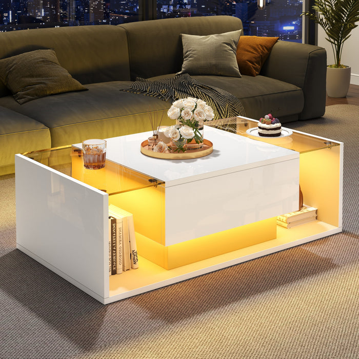 Evan table basse – table avec eclairage LED et plateau en verre, blanc