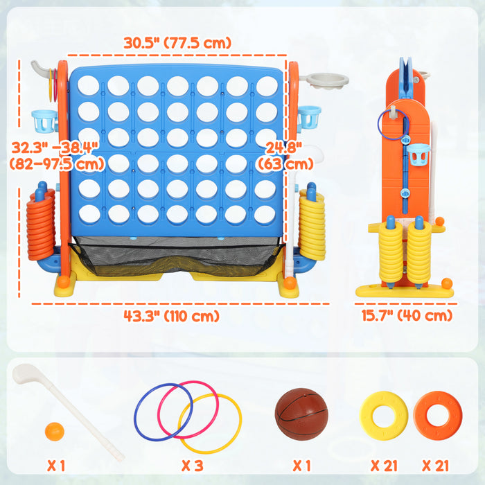 Qaba Jumbo 4-to-Score Giant Game Set, 4 in 1 Indoor Outdoor Connect 4 Family Yard Game Set w/ Basketball, Ring Toss, Golf, 42 Jumbo Rings, Quick-Release Slider, 4-in-A-Row for Kids