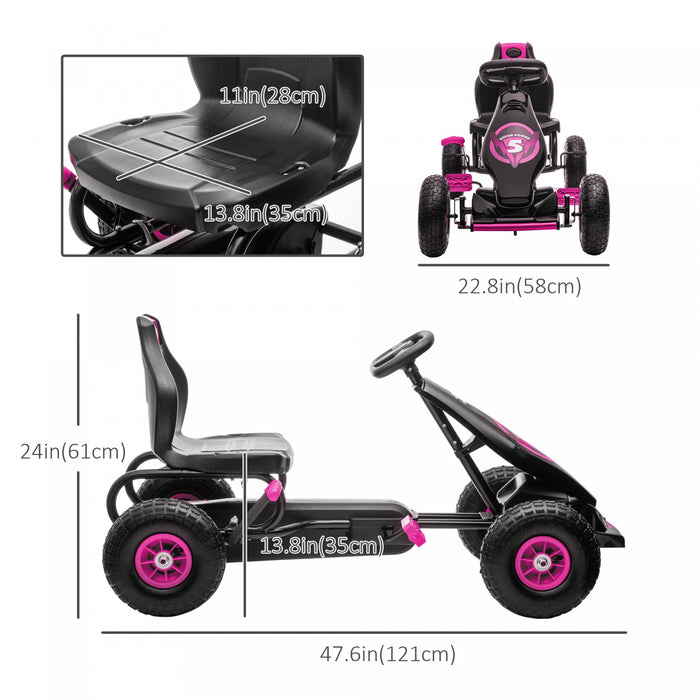 Aosom Kart A Pedales Pour Enfants, Jouets A Monter Avec Siege Ergonomique Reglable, Roues En Caoutchouc Absorbant Les Chocs, Frein A Main De Securite, Ages De 5 A 12 Ans, Rose