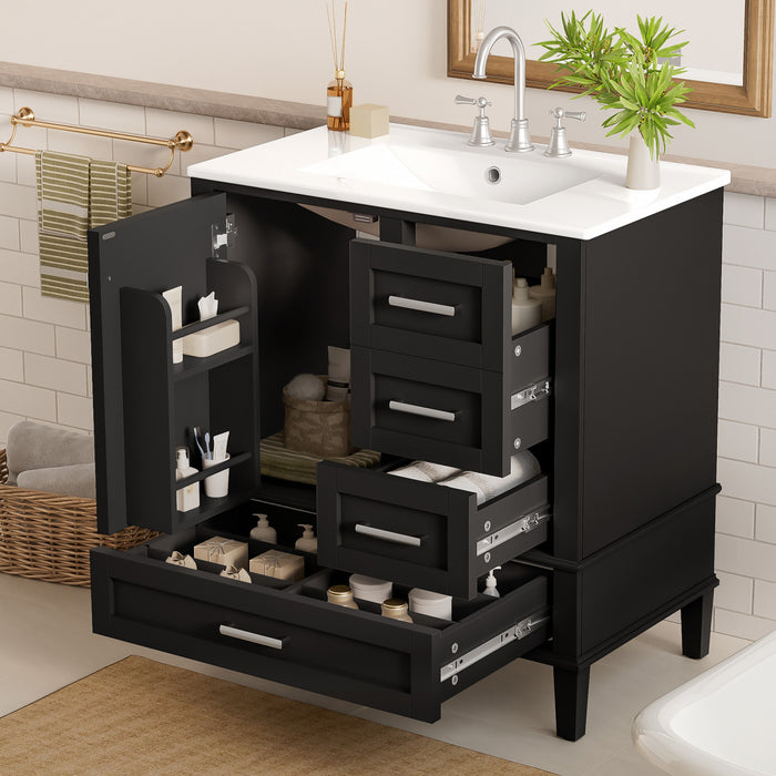 Oliver Meuble-lavabo de salle de bain en bois massif avec lavabo integre et rangement intelligent, noir