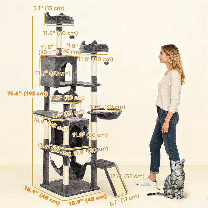 76\" Cat Tree, Large Cat Tower for Indoor Cats, Dark Grey