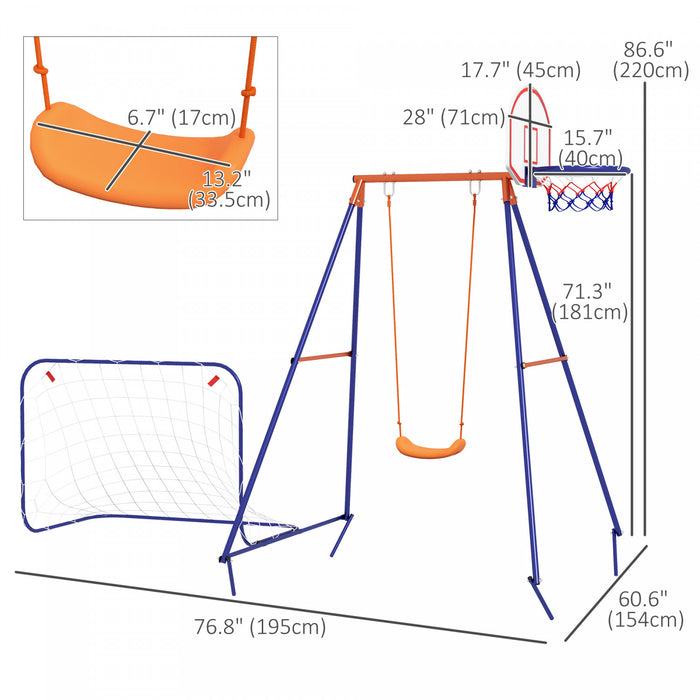 Outsunny Swing Set Pour Enfants Exterieur 3 En 1 Cadre D'oscillation En Metal Avec Siege D'oscillation, Cerceau De Basket-ball Et But De Football, Pieux Au Sol Pour 3-8 Ans