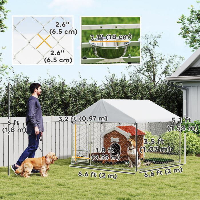 Dog Run W/ Adjustable & Rotating Bowls, 6.6' X 6.6' X 5.1'