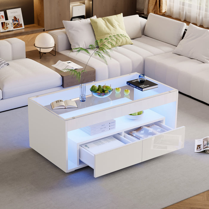 Emily table basse avec eclairage LED et rangement ouvert, blanc