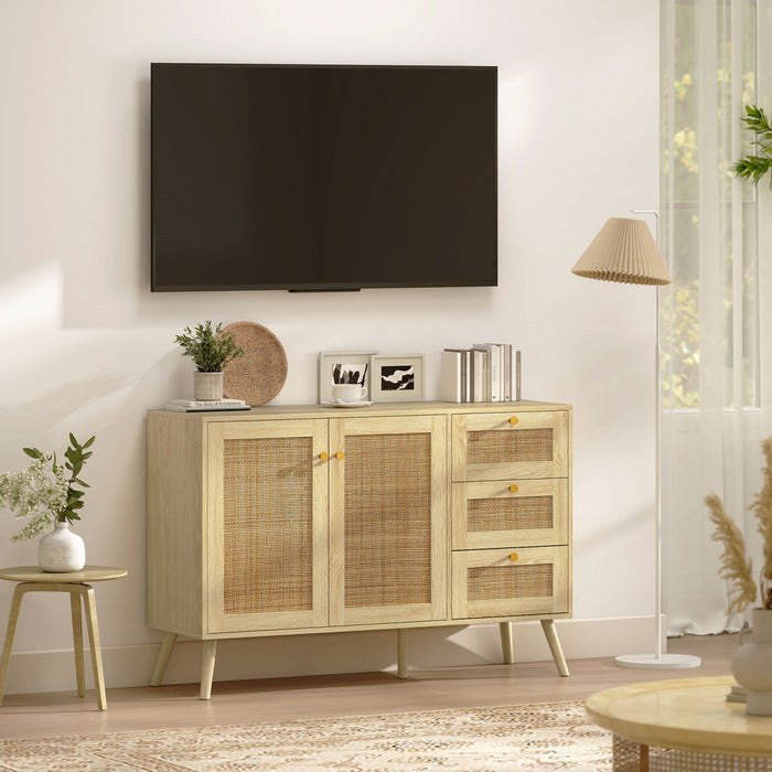 HOMCOM Buffet en rotin 47\" avec portes a fermeture amortie, naturel