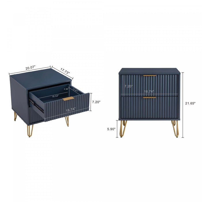 Table de nuit moderne Dumbo 20\" a cannelures, bleu minuit (2 tiroirs) – Lot de 2
