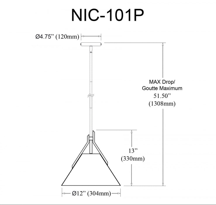 Luminaire suspendu Nicole de Dainolite en verre blanc opale, avec fini noir mat et 1 ampoule