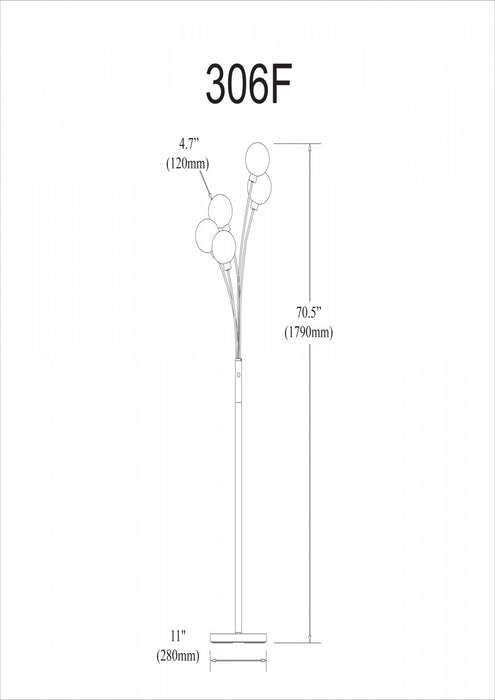 Lampe à pied Budding Branch de Dainolite en verre blanc, avec fini chromé satiné et 5 ampoules