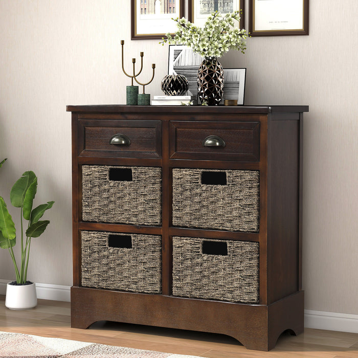 Buffet De Rangement Tobey En Bois Massif Avec 2 Tiroirs Et 4 Paniers En Rotin, Espresso