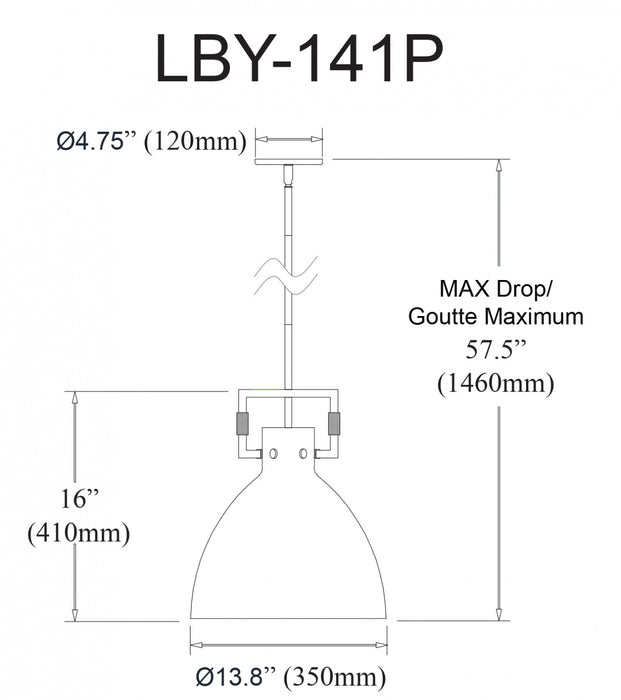 Luminaire suspendu de Dainolite avec abat-jour en métal noir mat, fini laiton vieilli et 1 ampoule incandescente