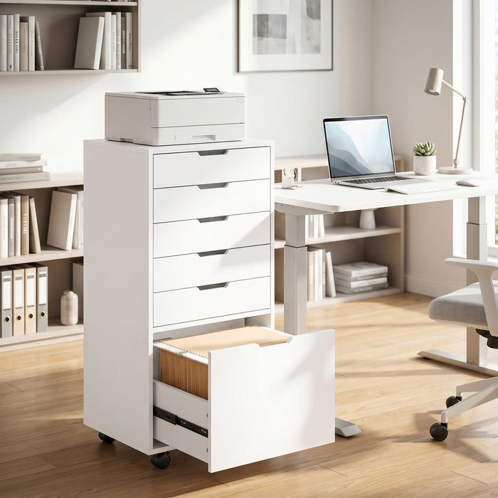 HOMCOM Classeur vertical 5 tiroirs avec roulettes verrouillables, blanc
