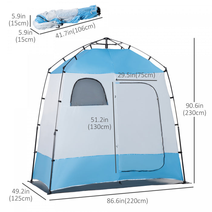 Outsunny Tente De Douche De Camping Pop Up Pliable Abri D'intimite Portable Pour 2 Personnes, Vestiaire Avec 2 Fenetres, 3 Portes, Sac De Transport, Gris Et Bleu