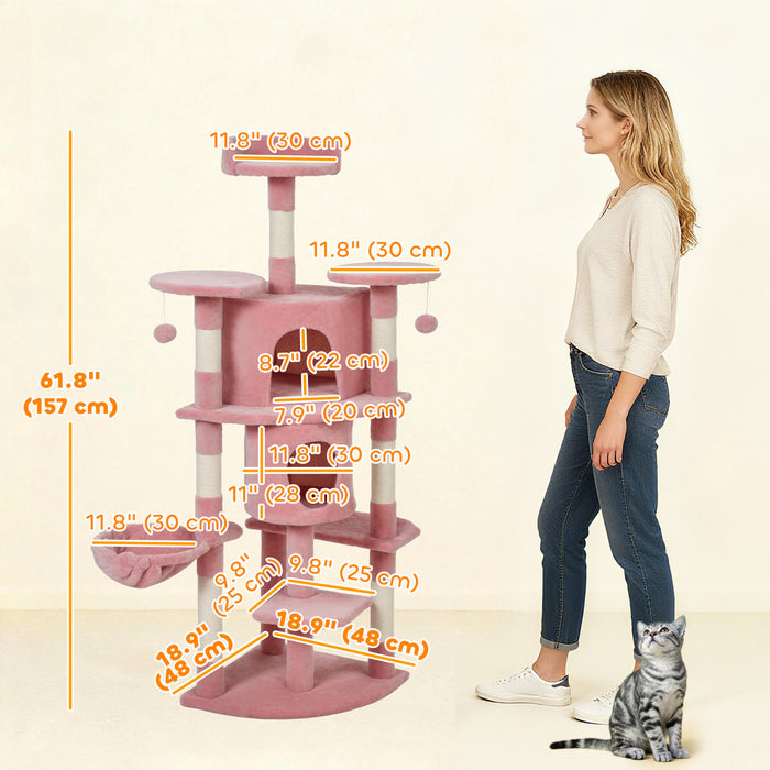 Arbre a chat de 62 pouces avec poteau a griffer pour chats d'interieur, rose