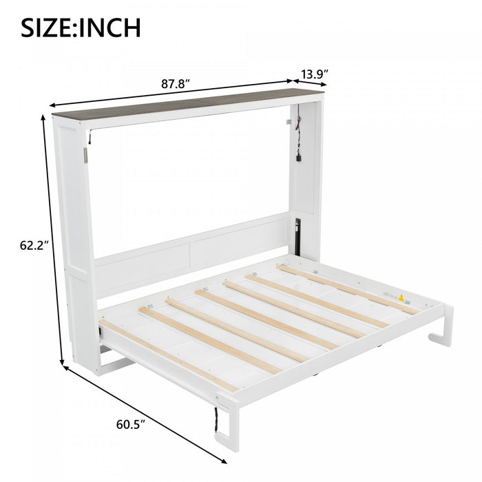 Lit escamotable Olivia en bois massif avec lumiere LED et armoire pliante, taille full, blanc