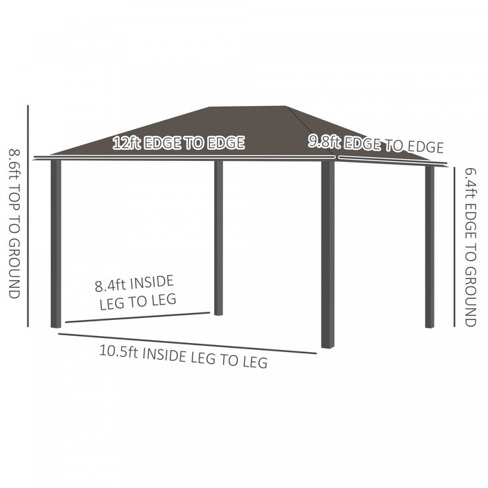 Outsunny 12 X 10 Ft Tonnelle Pavillon De Jardin Rigide Panneaux Toit Metal Epoxy Alu. 4 Parois Laterales Anti-uv 4 Moustiquaires Bronze Gris Et Noir