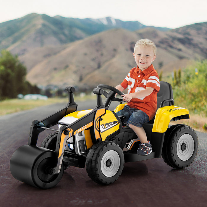Costway Enfants Roulent Sur La Route Rouleau 12v Tracteur Electrique A Distance W / Musique & Led Jaune Clair