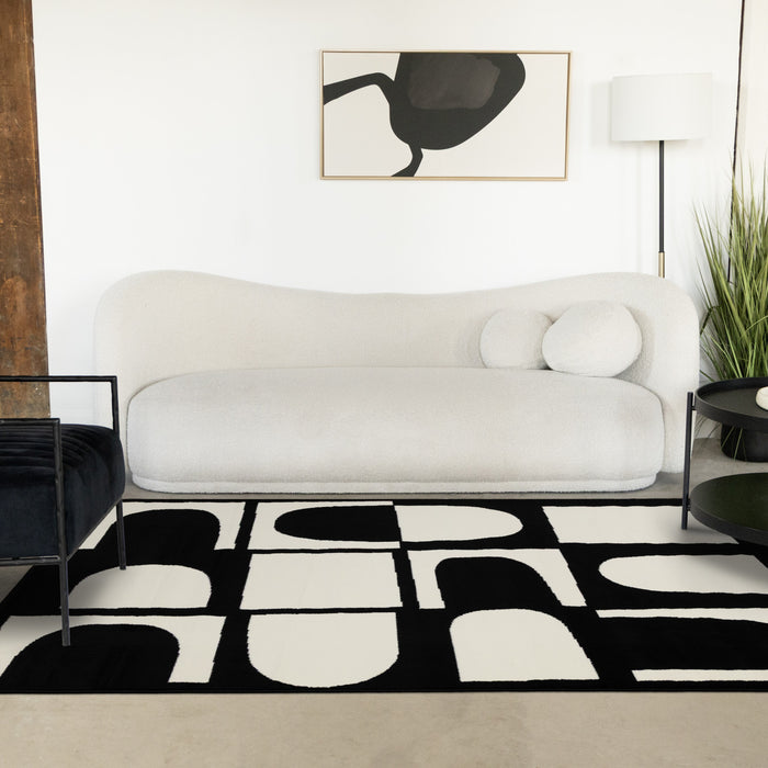 Motif geometrique dynamique noir et blanc Florence, 6'7\" x 9'6\"
